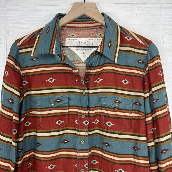 Ryan Michael Tunic Shirt Dress Women L Aztec Blanket Stripe Western Linen Blend - Picture 3 of 14